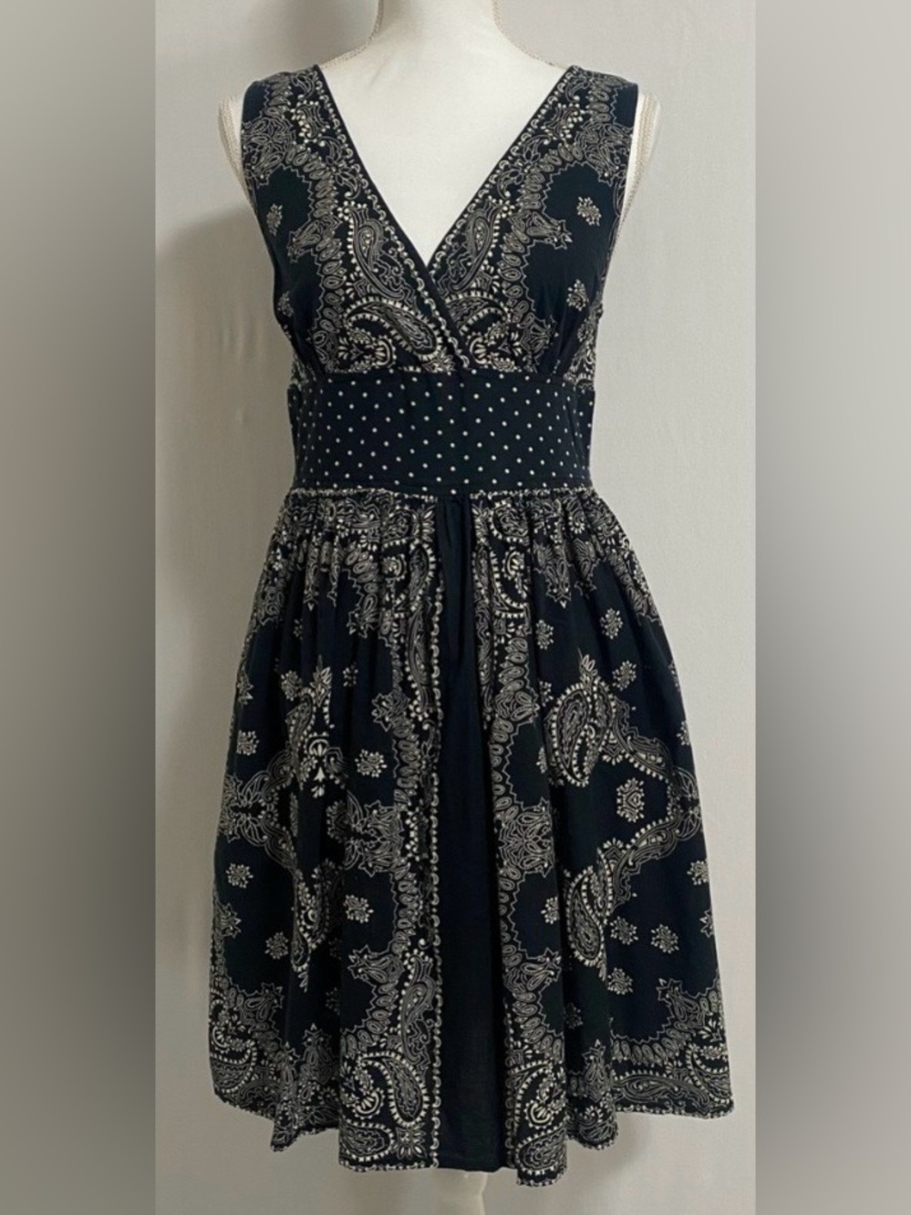 100% Cotton Navy Paisley Sleeveless V-Neck Mini Dress